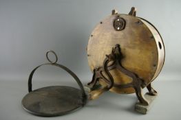 A SPONG VICTORIAN DRUM CASED KNIFE SHARPENER and a cast iron fireplace skillet