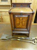 AN INLAID ROSEWOOD FALL FRONT COAL CABINET, 60 cms high overall, 35 cms wide with a three piece