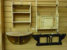 A FRENCH STYLE COAT RACK and three stripped wooden shelf units