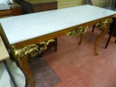 A LOUIS XVI STYLE GILT WOOD & MARBLE TOPPED CENTRE TABLE, the rectangular white marble top on a gilt
