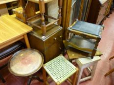 Vintage oak bedside cabinet, small side table, two string topped wooden stools and two others with a