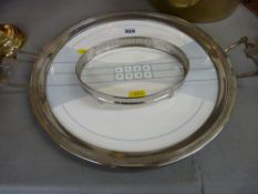 Stylish French EP and ceramic twin handled tray and a near matching oval stand