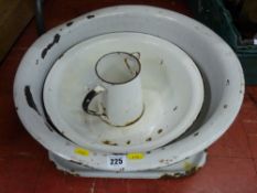 Large vintage enamel bowl and one other along with a tray and a jug