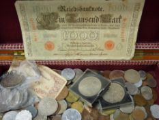 Collection of vintage coins, crowns and notes including a Mother Theresa thaler