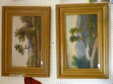 Pair of gilt framed Victorian oils on board - countryside and lakeside scenes, unsigned