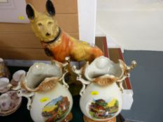 Plaster model of an Alsatian and a pair of Victorian pottery vases