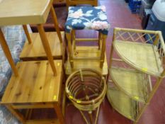 Quantity of occasional tables in various woods, string topped footstool, wicker corner unit and a