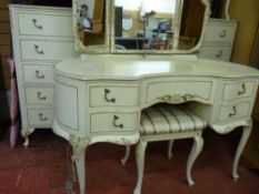 Good cream French style bedroom suite of triple mirrored dressing table and stool, a pair of