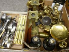 Box of vintage brass and EP ware along with a quantity of table cutlery