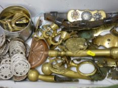 Collection of heavy horse related brassware including maker's nameplates, vintage mane straightener,