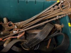 Crate of tools, metal hames and brass dressed harnessing etc