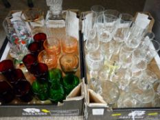 Two boxes of clear and colourful vintage drinking glassware