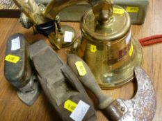 Brass wall bell, small German brass carriage lamp, vintage vegetable chopper etc