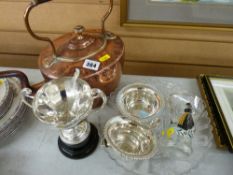 Victorian copper kettle, Victorian commemorative glass bowl, small selection of EP ware etc