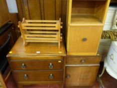 Small oak chest, walnut bedside cupboard and one other with a modern pine magazine rack