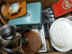 Two vintage radios, metal cashbox with key etc