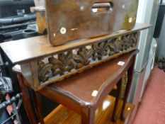 Two reproduction mahogany side tables, a small rustic style footstool and a carved fronted shelf
