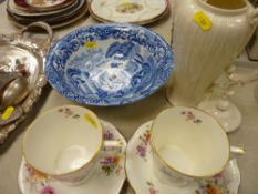 Royal Worcester creamware lidded jug A/F, pair of Royal Crown Derby cup and saucers and a Copeland