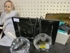 Small vintage baby doll, pair of Villeroy & Boch glass candleholders and a digital 7ins photo