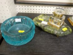 Whitefriars style ashtray and an onyx inkpot stand with square brass and glass inkwell