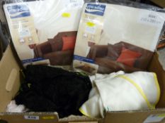 Box of vintage linen, two unopened bedcovers etc