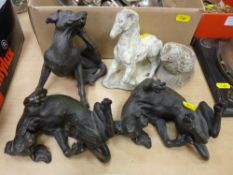 Three comical dog figurines, reconstituted model of a horse and a small bird
