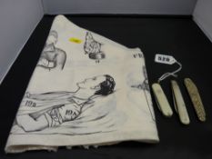 Three vintage pocket knives and a sling with printed visual instruction for addressing various