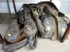 Shire/heave horse tack with attached brass and metalware along with two small horse collars