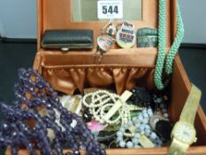 Box of vintage jewellery, thimbles, mother of pearl counters etc