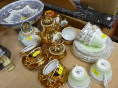 Oriental pottery fruit bowl, gilt decorated coffee set etc