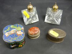 Cloisonne lidded box, two pill boxes and a stylish glass salt and pepper with sterling marked lids