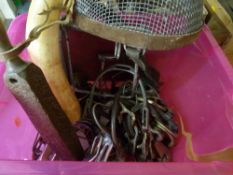 Mixed crate of bits, stirrups, brasses and other heavy horse related items