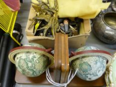 Six brass swallows, quantity of carpet stair grips and a pair of globe bookends