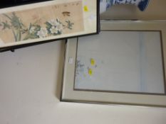 WILLIAM NEAL framed print - a butterfly before a river expanse and a painted Japanese silk of a