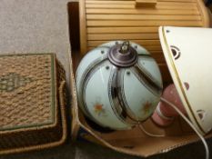 Two modern table lamps, wicker sewing basket etc