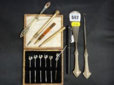 Cased set of cockerel topped silver cocktail sticks, a millefiori topped letter opener, a silver