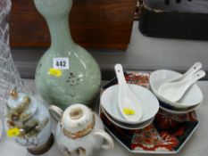 Mixed selection of Oriental pottery including a celadon type vase, an Imari plate etc