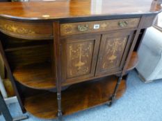 Circa 1900 inlaid rosewood side cabinet with open shelf display areas and central frieze drawer over