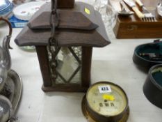 Vintage style oak lantern lamp and a pressure gauge marked 'G W R'