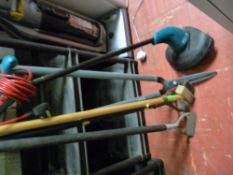 Parcel of long handled garden tools and a Bosch electric strimmer E/T