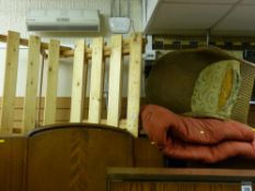 Modern pine easy chair with upholstered pad and a loom style armchair