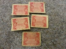 Five fifty cent Forces monetary tabs, dated April 1944