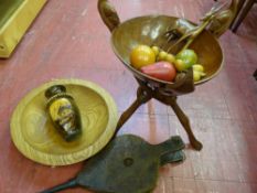 Treen bowl on a carved stand and one other, other treen ware, canvas vanity case, bathroom rug etc