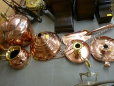 Georgian copper kettle with acorn finial lid and other well polished vintage copper and brassware