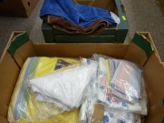 Box of vintage table linen and a quantity of bathroom towels etc