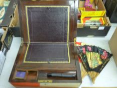Victorian mahogany writing slope and two vintage fans