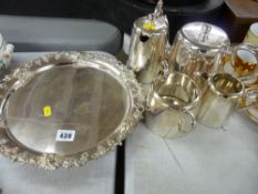 Four piece EP teaset and a vine decorated circular tray