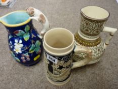 Victorian Majolica jug with cat handle, Mintons Persian style decorated jug and a German type stein