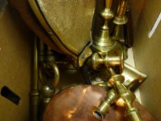 Box of mixed brass and copperware including candlesticks, bellows, irons etc