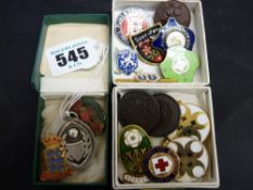 Collection of vintage badges and a silver fob by Thomas Fattorini Ltd in original box, inscribed '